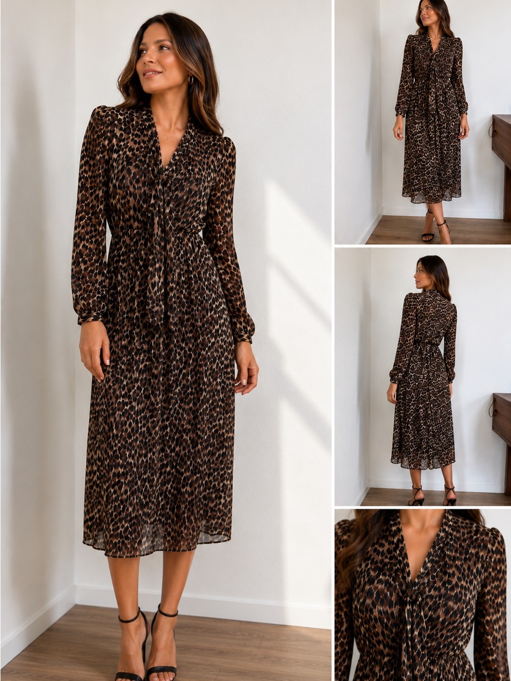 Banana Republic Leopard Print Long Sleeve Tie-Neck Midi Dress - Brown/Black